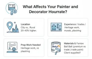 Infographic showing 4 factors affecting painter and decorator hourly rates